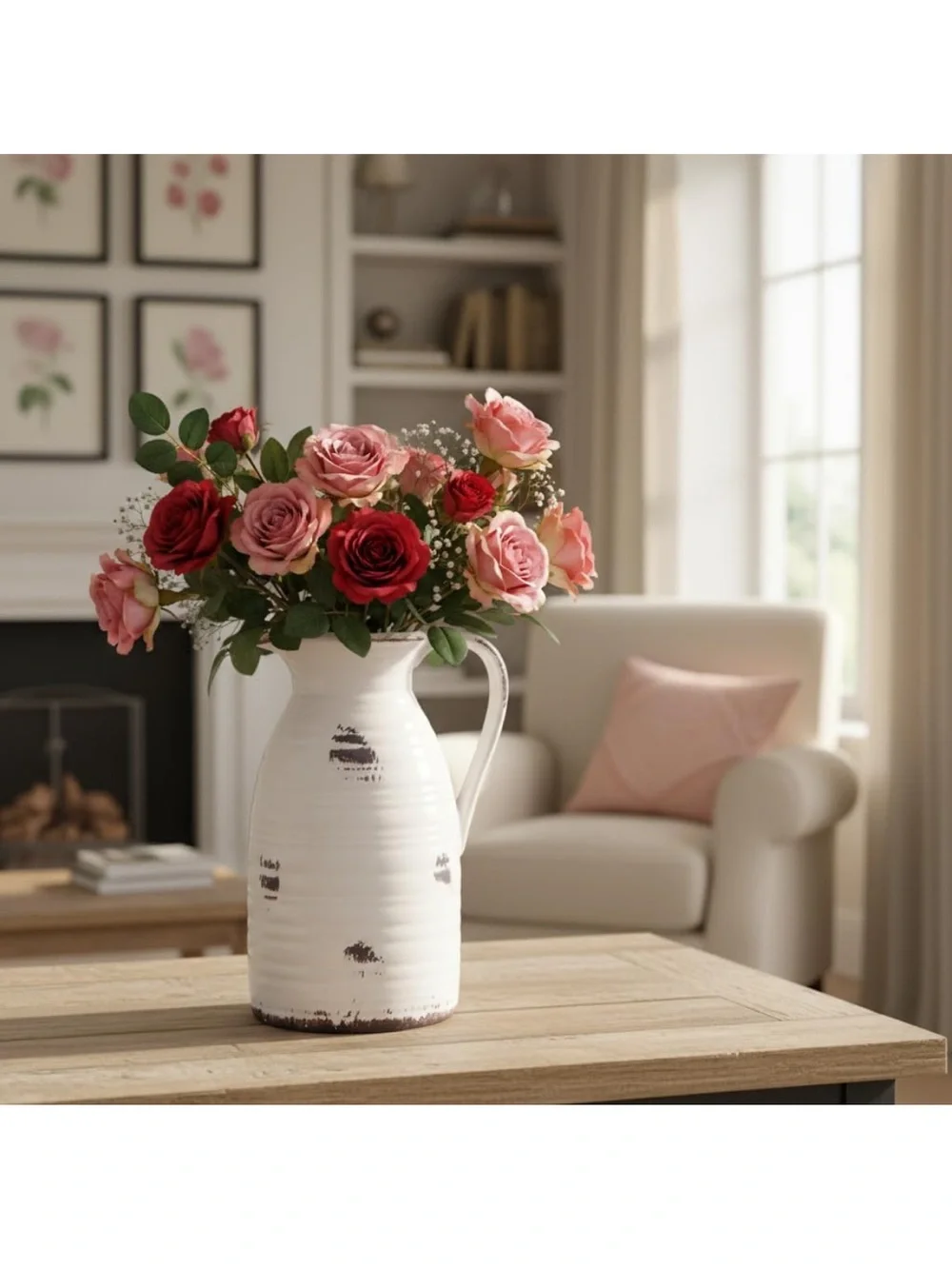 Rustic White Ceramic Vase with Neutral Floral Arrangement
